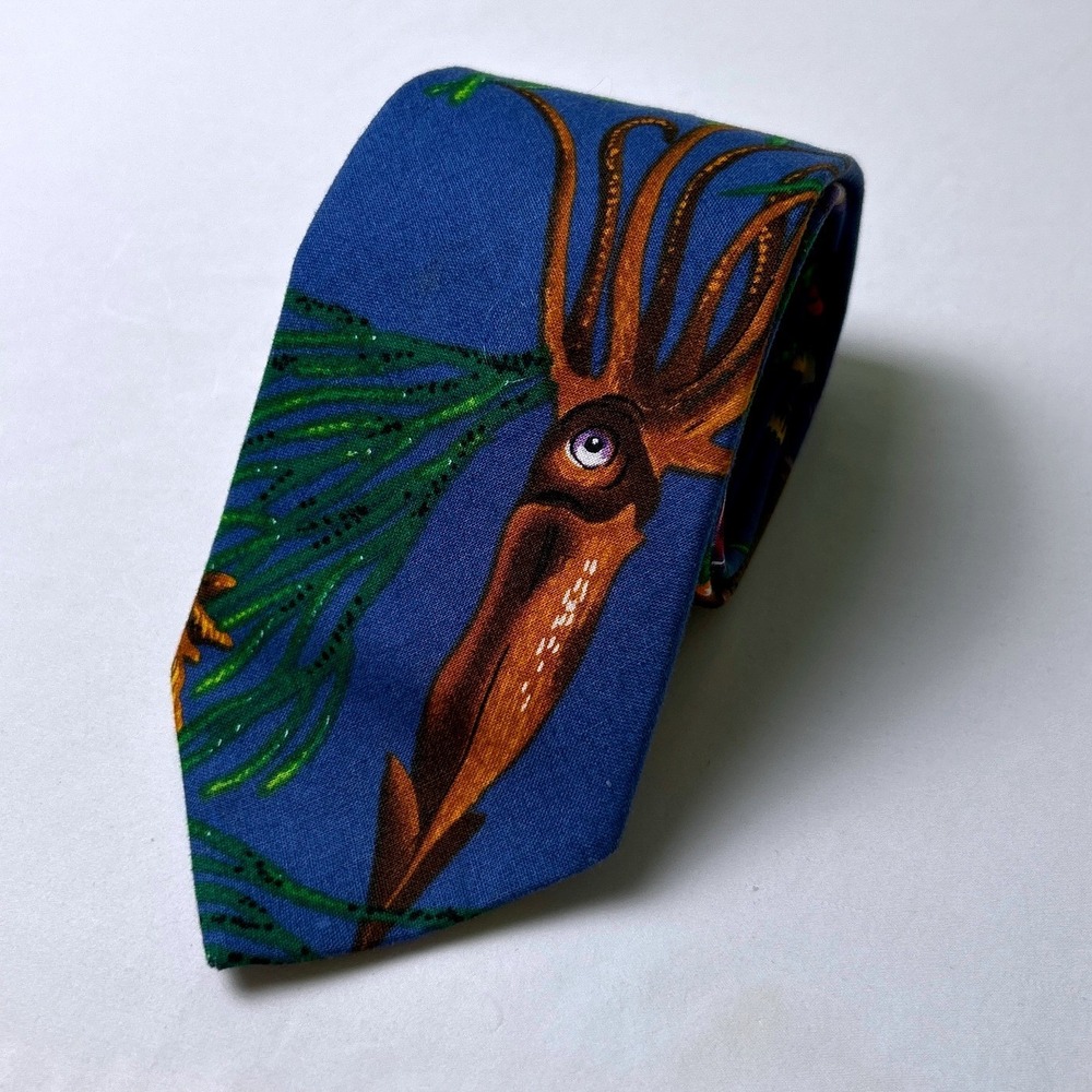 Mai-Tie Mens Novelty Squid Fish Aquatic Print Cotton Necktie 3.75" Blue Ocean